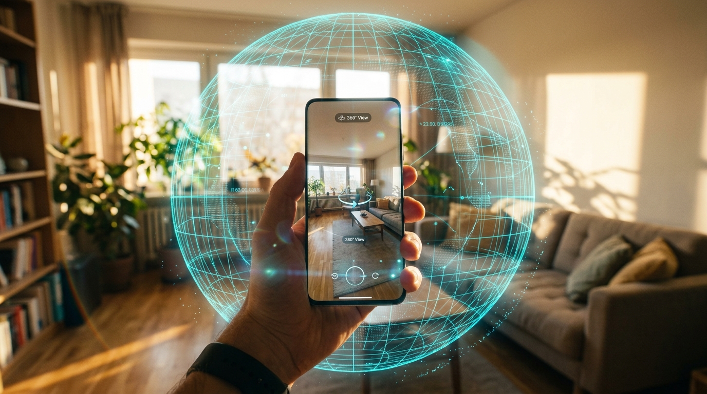 Recorrido virtual 360° de un piso en la pantalla de un móvil